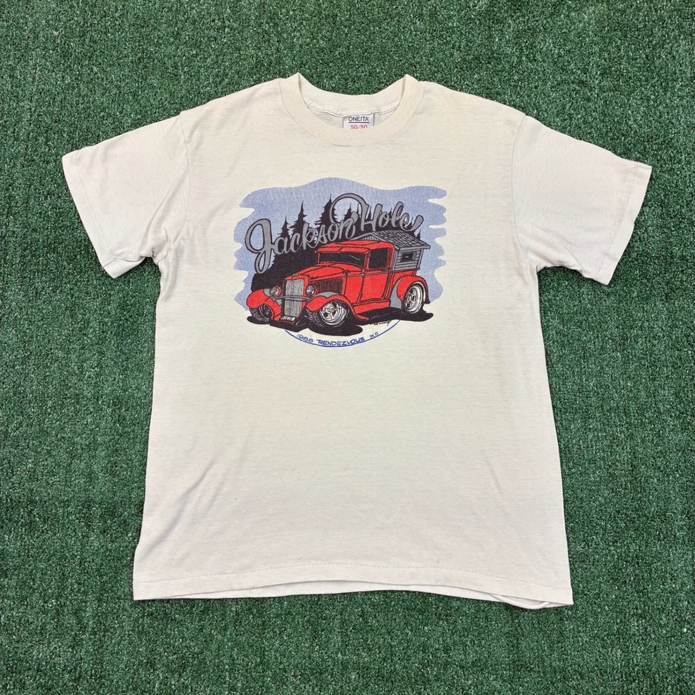 Vintage 80s Jackson Hole Hot Rod Graphic T-shirt - Picture 1 of 6